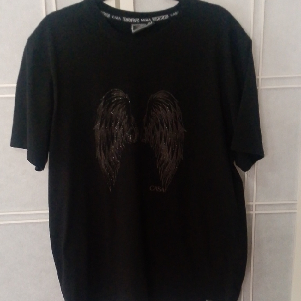 Casa Moda Glitter Angel Wings Black Graphic T-Shirt XL